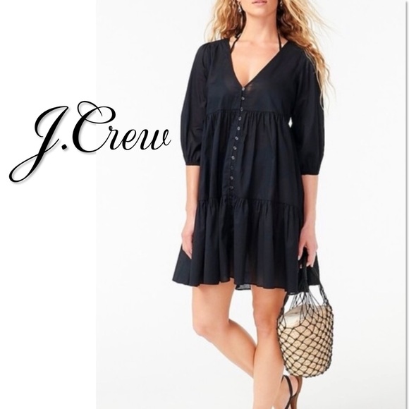 J. Crew Swim J Crew Swim Cover Up Dress Puff Sleeve Button Flowy Tiered Black Size Large